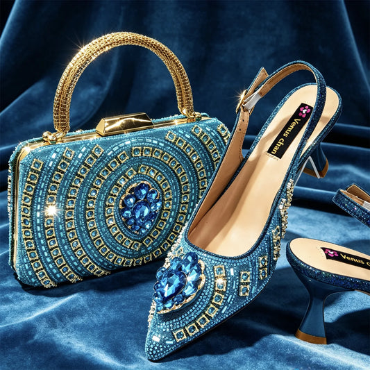 Italian Butterfly Design Pointed Toe Slingback Sandals with Matching Bag Set - Elegant Sky Blue for Weddings
