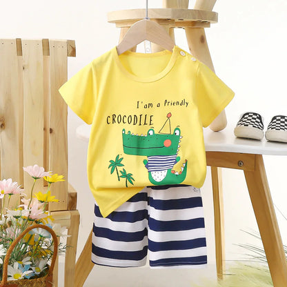 1 Sets Pure Cotton Kids Cartoon Clothing Summer Baby Fashion Short Sleeve Suits Boys Girls T-Shirts+Shorts Children Outfits