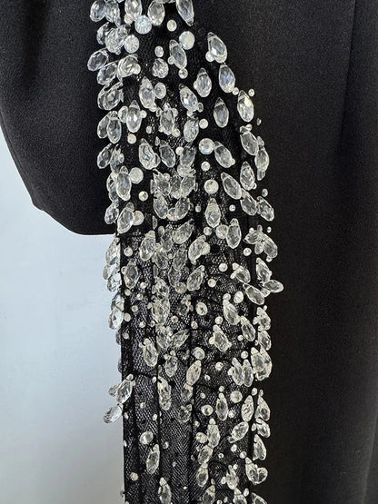 Designer Vestido Women's Diamonds Beaded Slash Neck Off The Shoulders Patchwork Gauze Long Maxi Dress