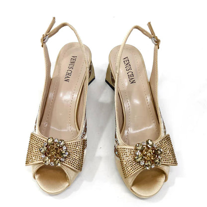 Italian Shoes and Bags Matching Set for Women Bow Rhinestones Peep Toe High Heels Purple Color Nigerian Party 2024