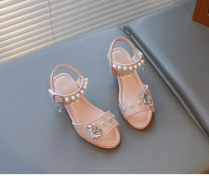 Girls Shiny Rhinestone Flowers Leather Sandals 2026 New Summer Toddler Strappy Sandals Hight Heel Soft Sole Princess Style Shoes