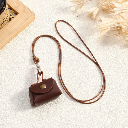 LATS Retro Cute Small Leather Bag Long Necklace for Women Fashion Sweater Chain Neck Hanging Jewelry Versatile Accessory Gift