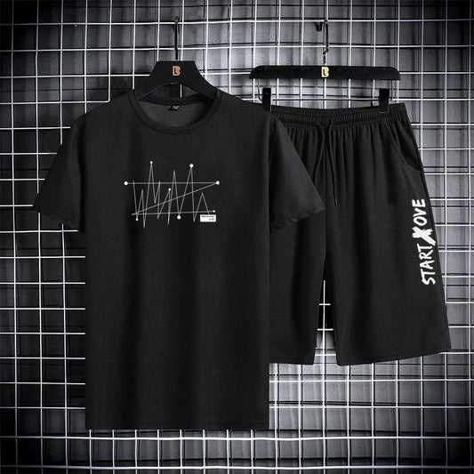 2025 Summer Outdoor Sports Suit Men's Short-sleeved Shorts Casual Fashion Two-piece Set Breathable Quick-drying Fitness Clothes