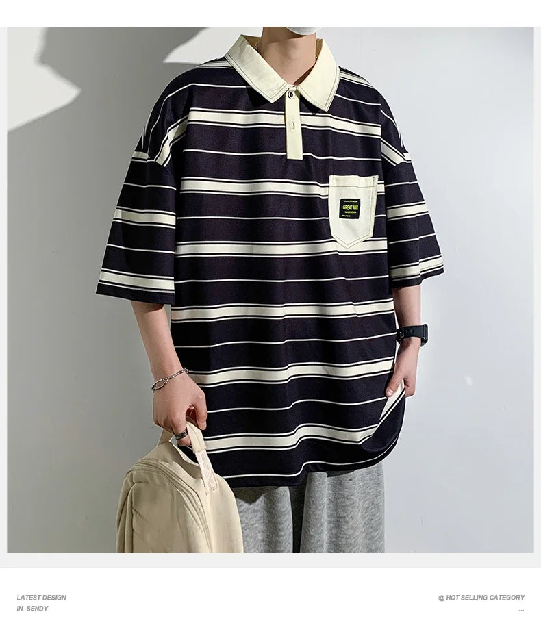 2024 New Summer Men POLO Shirt Trend Loose Clothing Students Short-sleeved T Shirt Tops Round Neck Five-quarter Sleeve Harajuku