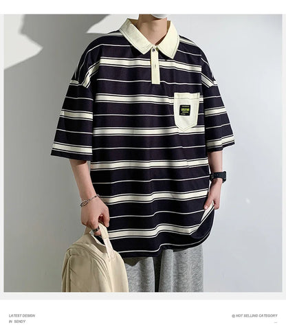 2024 New Summer Men POLO Shirt Trend Loose Clothing Students Short-sleeved T Shirt Tops Round Neck Five-quarter Sleeve Harajuku