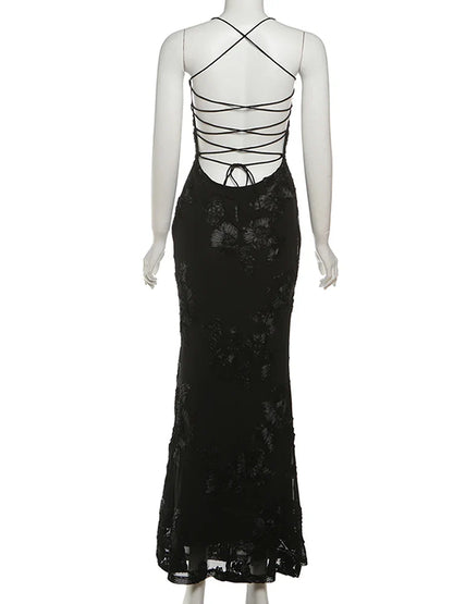 Elegant Flower Embroidery Maxi Dress Women Low-Neck Cross Bandage Backless Summer Street Trend Skinny Holiday Vestidos