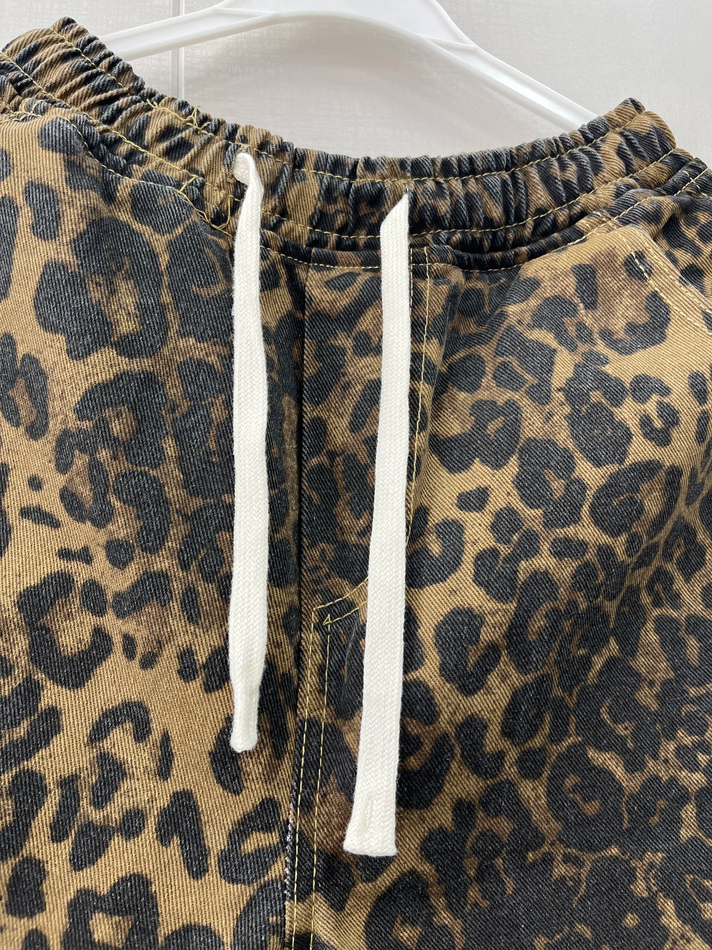 Men Leopard Denim Shorts Summer Thin American High Street Drawstring Casual Pants Loose Popular Versatile Handsome Trousers