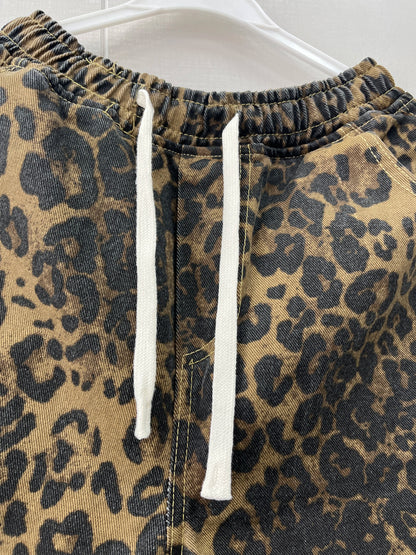 Men Leopard Denim Shorts Summer Thin American High Street Drawstring Casual Pants Loose Popular Versatile Handsome Trousers