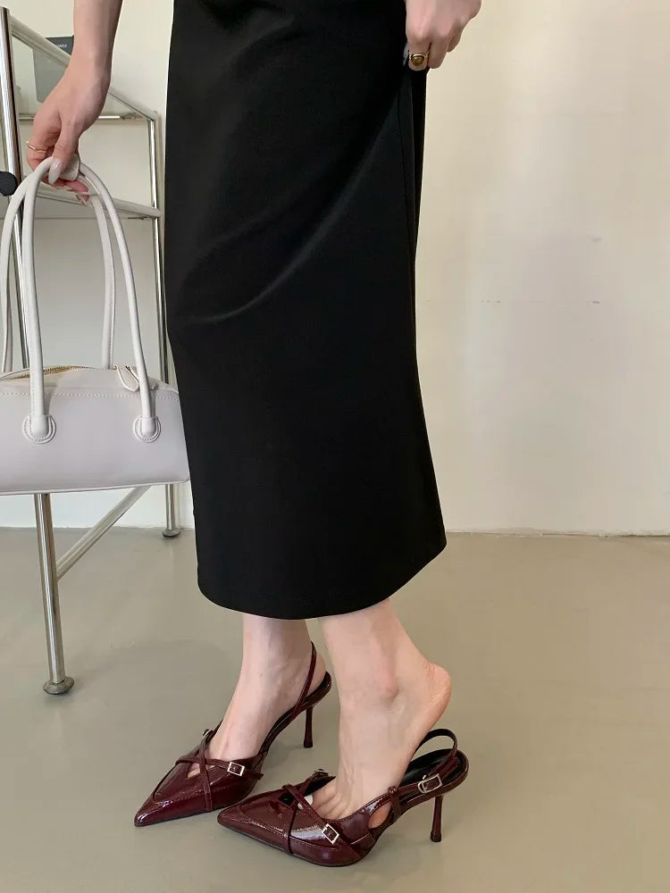 Sexy Street Style Buckle Strap Women Pumps Elegant Pointed Toe Thin Low Heels Slingback Banquet Party Shoes