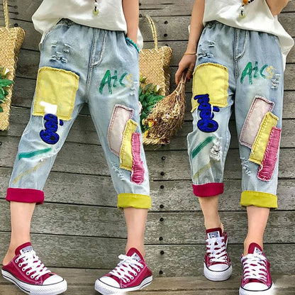 Spring Summer 2025 New Women Denim pants Thin Retro patch Embroidery Elastic waist Hole Contrast Loose Jeans pants Female