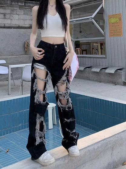 Y2k Washed Mopping Pants Broken Hole Jeans