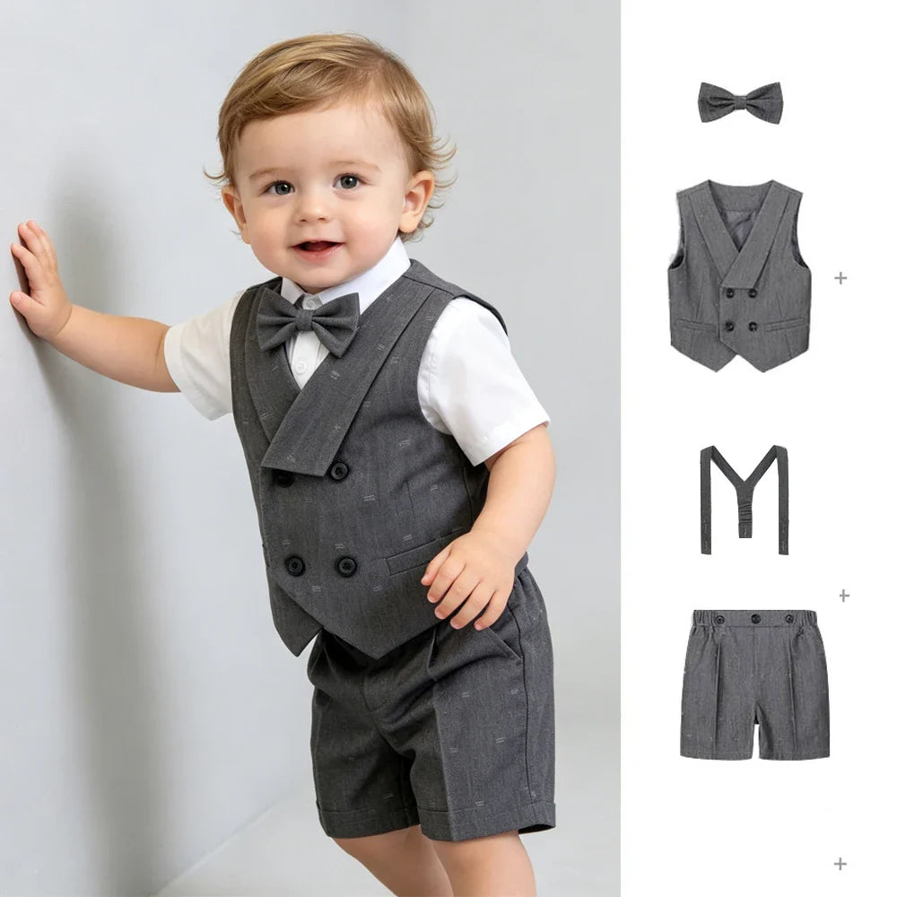 Kids Boys Formal Suit Set Denim Gray Vest Shorts Bowtie 3PCS Wedding Birthday Party Gentleman Outfit for Toddler 1-8Yrs Clothes