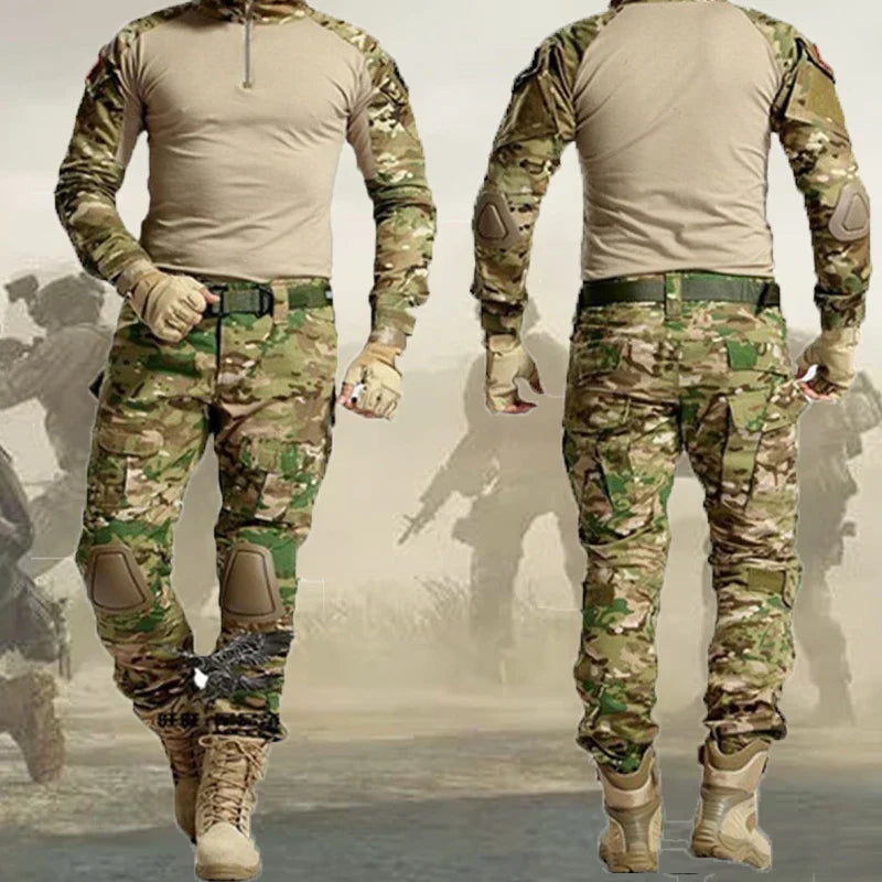 Outdoor Tactical Uniform Military Camo Hiking Training Shirts Workwear Cargo Pants+Pads Airsoft Paintball Hunting Clothes Sets