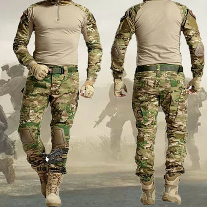 Outdoor Tactical Uniform Military Camo Hiking Training Shirts Workwear Cargo Pants+Pads Airsoft Paintball Hunting Clothes Sets