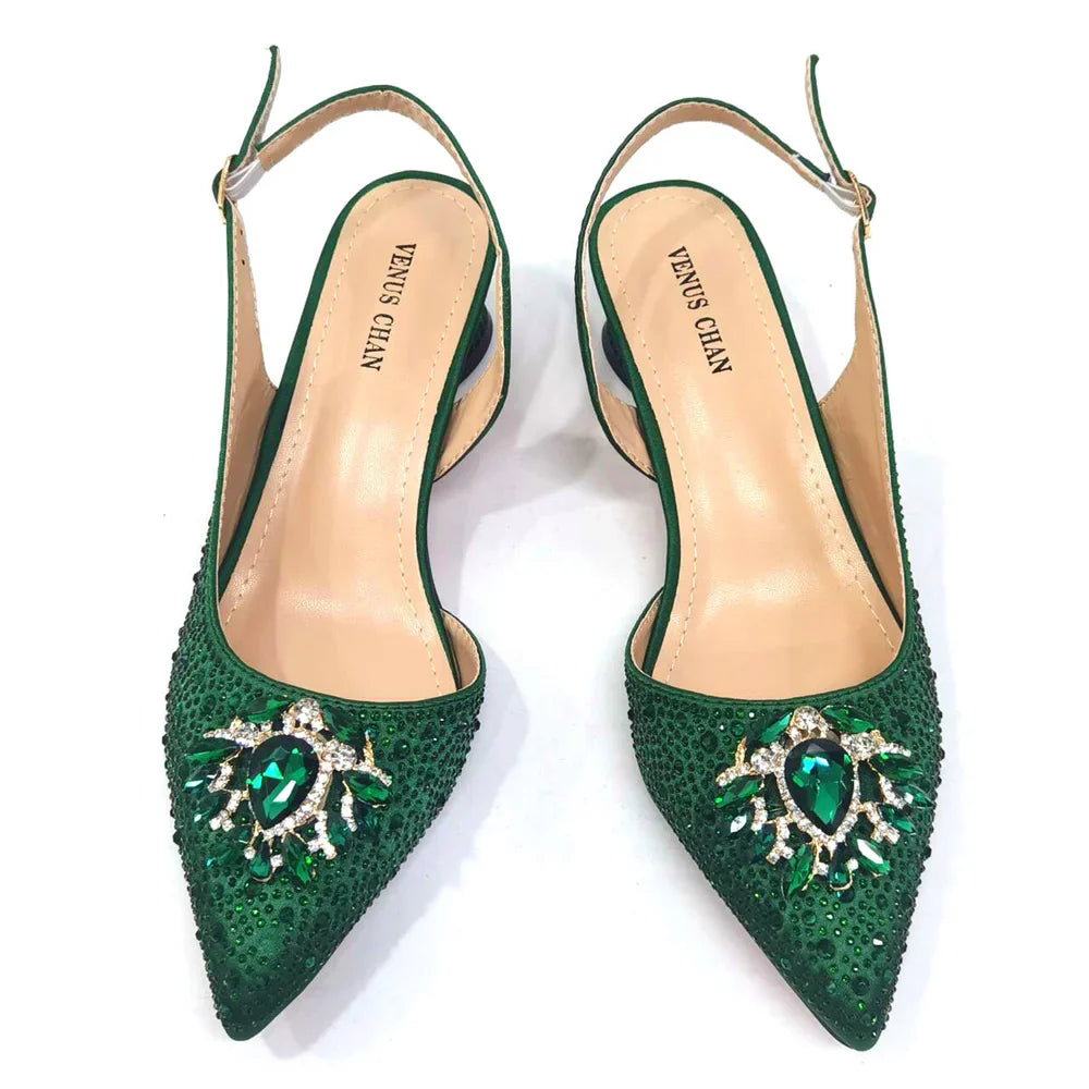 Sandálias Azul Royal Femininas Scarpin de Luxo Salto Médio Design de Strass Sapatos e Bolsas para Festa