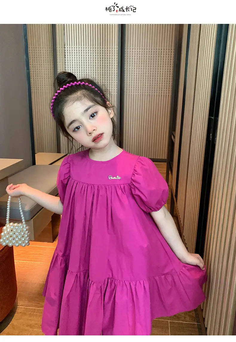 Girls Sweet Dress Summer Children Princess Gown Kids Spring Casual Short-sleeve Vestidos Kids Solid Color Loose Clothing 2-8Y