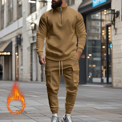 2024 autumn and winter men's casual velvet warm zipper sports trousers set