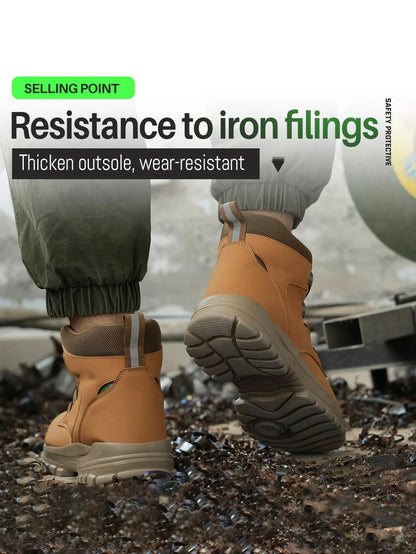 Leather Non Slip Work Boots for Men Rotating Button Safety Shoes Steel Toe Sneaker Male Puncture Proof Protective Boots