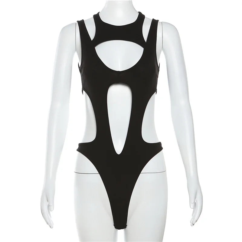 Mall Gothic Hollow Out Sexy Bodysuits Techwear Fashion Y2k Patchwork Tops Women Grunge Backless High Cut Slim Bodysuit
