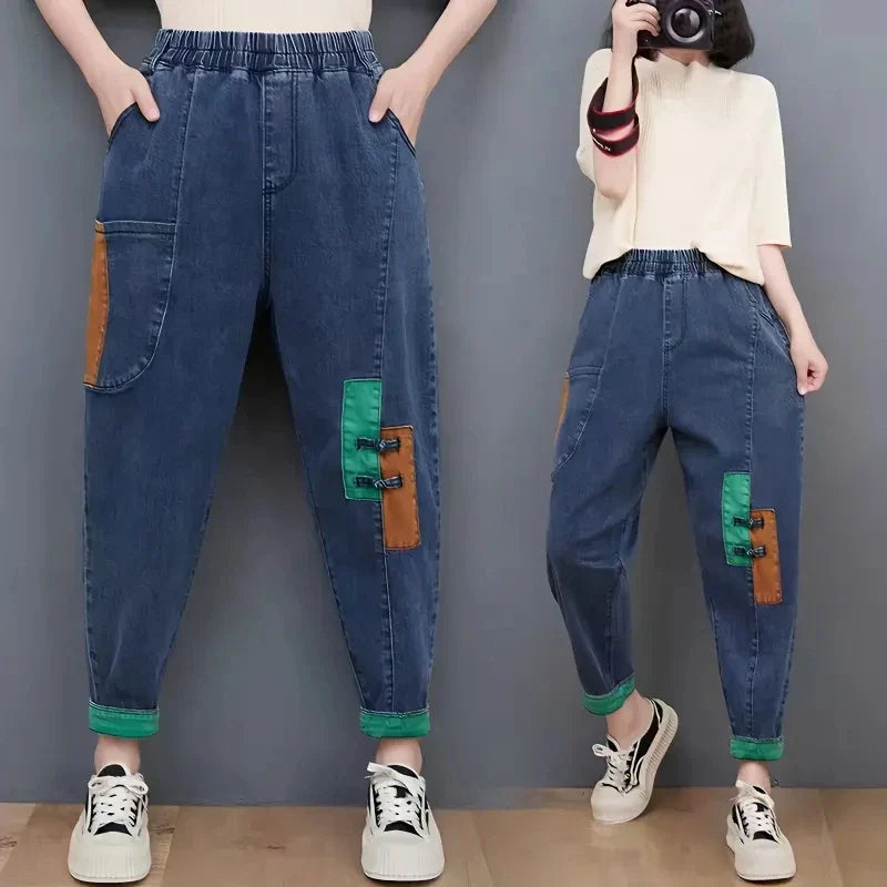 Vintage Patch Denim Stretch Harem Pants for Women