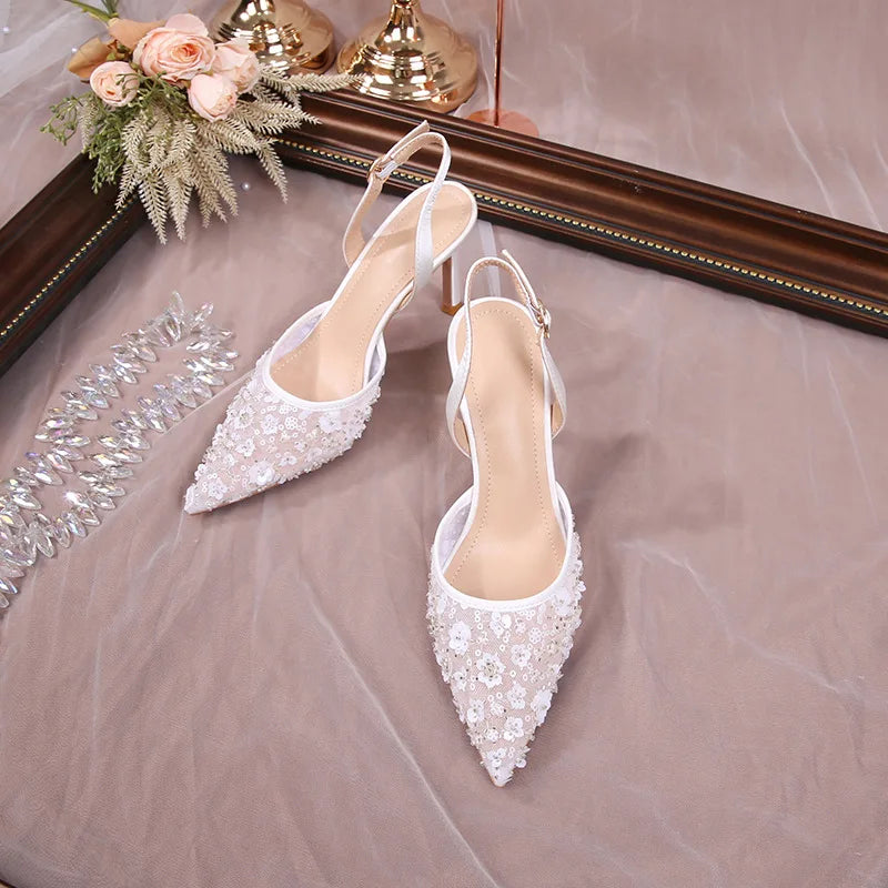 Size 34-42 2025 Summer Beaded High Heel Wedding Shoes Women Lace Mesh Party Dress Shoes