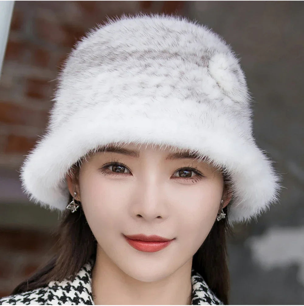 Woman Hat Winter Solid Mink Caps With Flower Natural Mink Fur Hats New Russian Girl Soft Knitting Real Fur Bucket Hats 2026 Warm