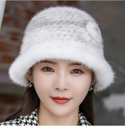 Woman Hat Winter Solid Mink Caps With Flower Natural Mink Fur Hats New Russian Girl Soft Knitting Real Fur Bucket Hats 2026 Warm