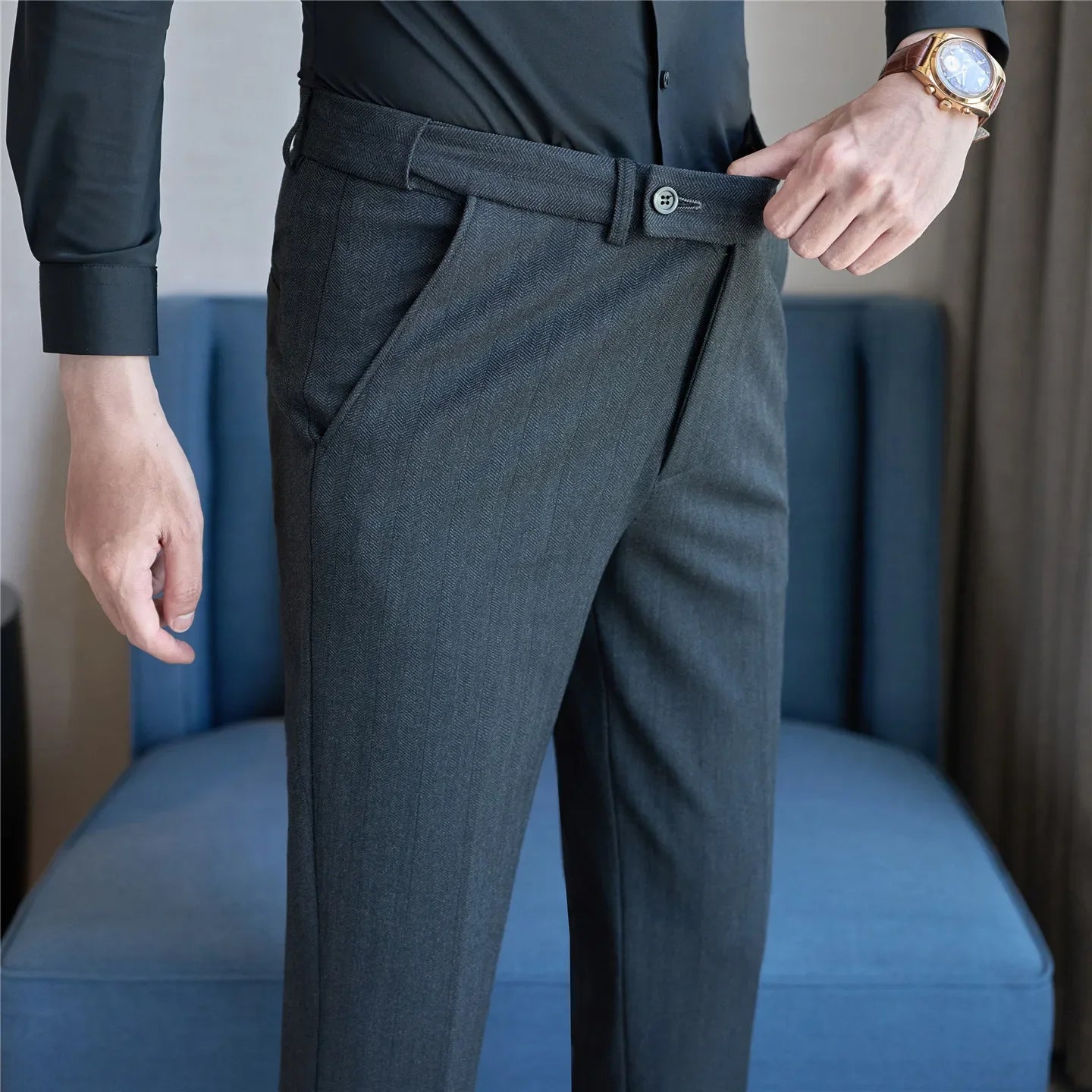 Men's Wool Blend Dress Pants, Elastic Waist Business Trousers, Tapered Slim Fit, Charcoal Gray Black Navy