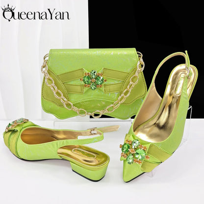 Queena Yan Elegant Pink Rhinestone Low-Heel Shoes & Handbag Set – Luxury Wedding & Party Accessories