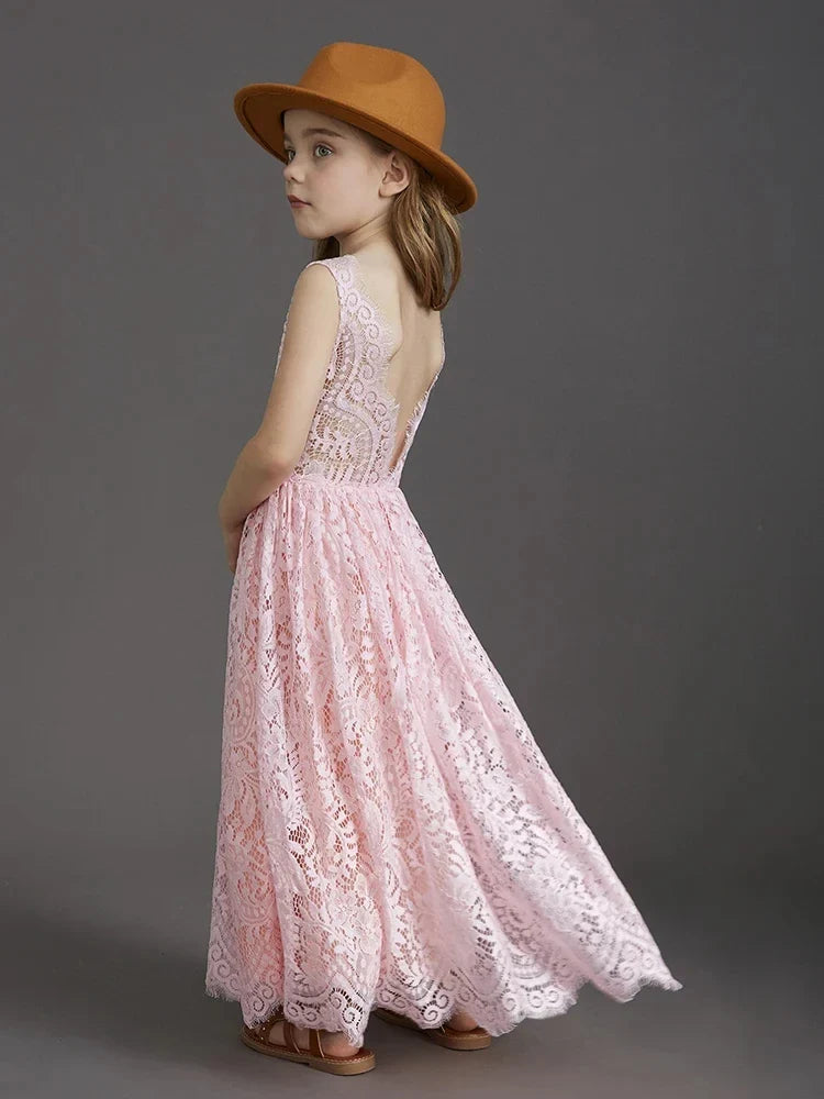 Princess Girls Lace Bohemia Long Dresses Baby Kids Flower Wedding Party Dress Cotton Lining Vestidos Costume Children Clothing