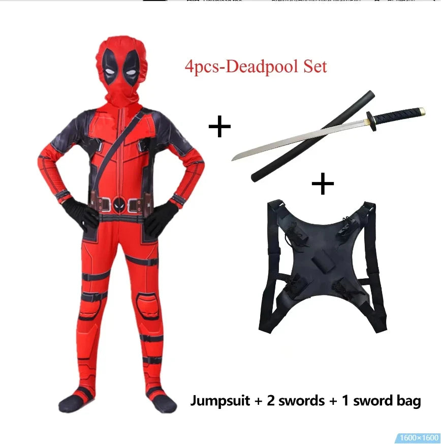 PU SwordHigh Quality Deadpool Child Costume Kid Halloween Cosplay Costume Deadpool Kids Suit Jumpsuit deadpool Child Costume