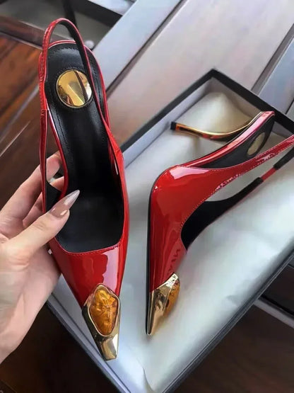 Luxury Metal Jewel Decoration Heels Women 2025 Sexy Pointed Toe Patent Leather Women Pumps Elegant Banquet High Heeled Sandals