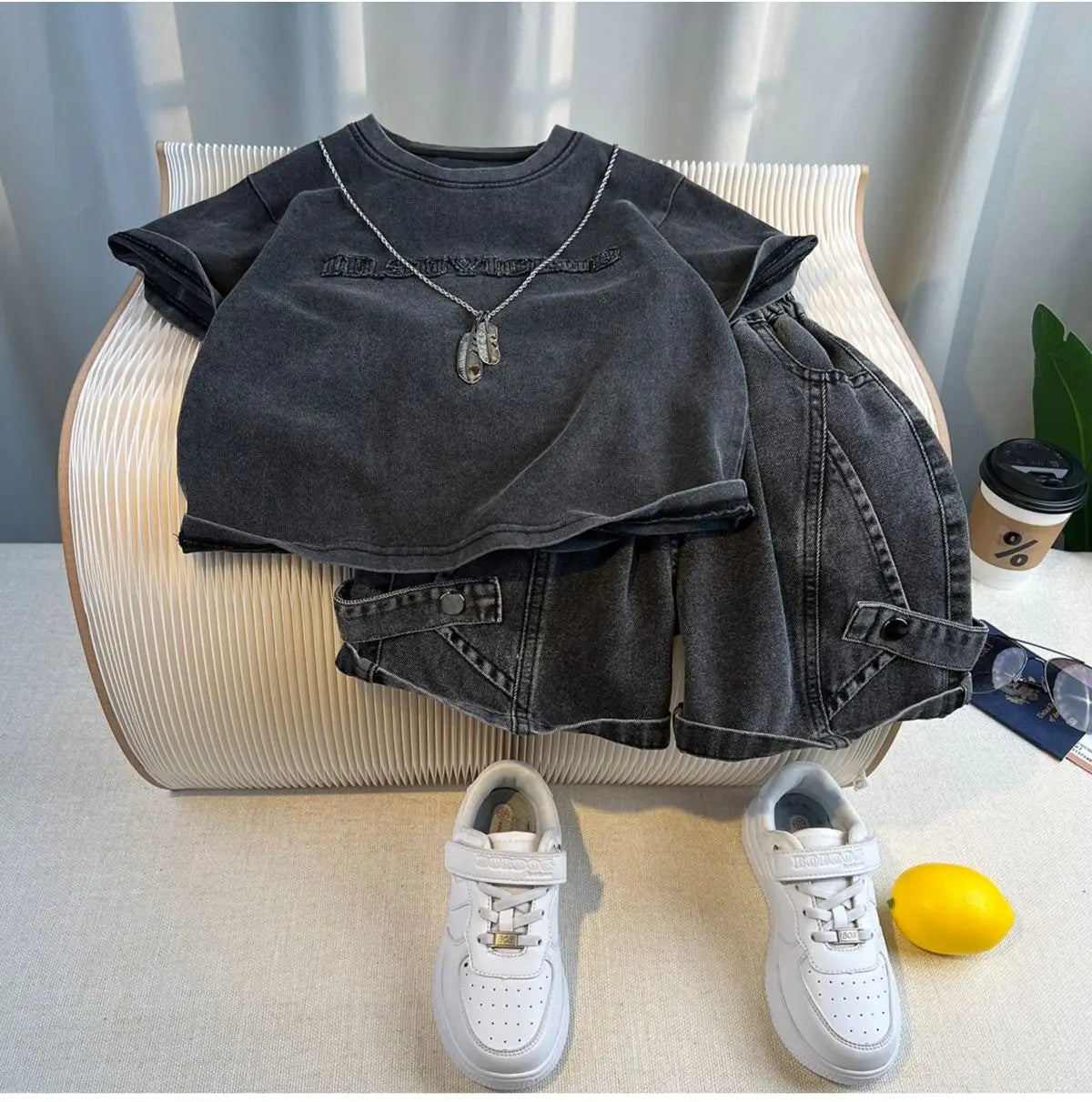 Set Kid Boy 2025 Summer New Style Cotton Letter Embroidered T-shirt Black Jeans Fashion Streetwear Daily Sporty Korean
