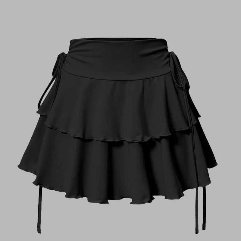 Summer new style simple pure color women's skirt fashion versatile elegant trendy fake drawstring A-line mini super short skirt