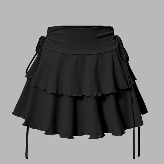 Summer new style simple pure color women's skirt fashion versatile elegant trendy fake drawstring A-line mini super short skirt