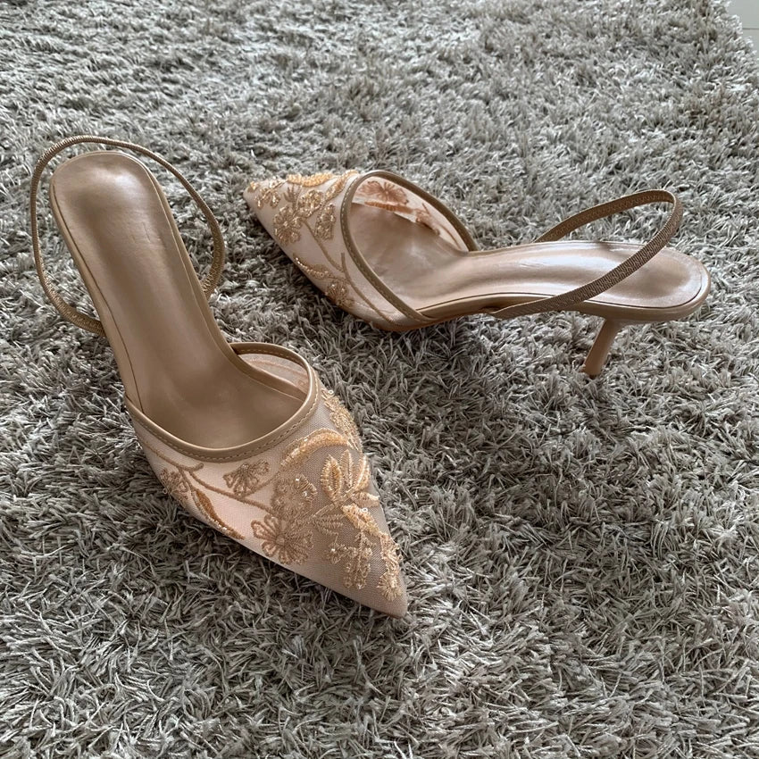 Fashion Sandals Women String Bead High Heels Mules Shoes Pointed Toe Slingback Slippers Women Zapatos De Mujer