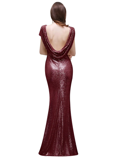 Champagne Sequins Bridesmaid Dresses Mermaid Rose Gold Short Sleeves O Neck Burgundy Summer Formal Wedding Party Guest Gown