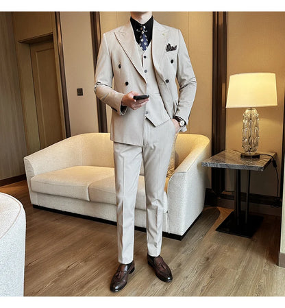 (Jackets+Pants) Luxury Double Breasted Design Slim Fit Suit High Quality Fashion Men's Wedding Social Suit Tuxedo 2 Piece Set