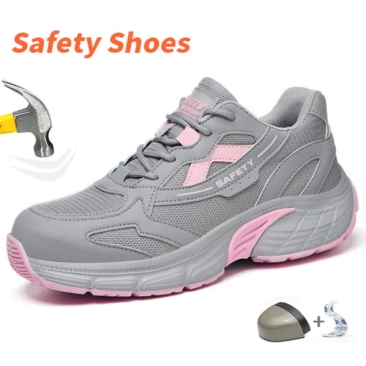 Women‘s Safety Shoes Anti-Smash Anti-Puncture Lightweight Fashionable Grey Pink Color Comfort Fit Daily Wear Protective