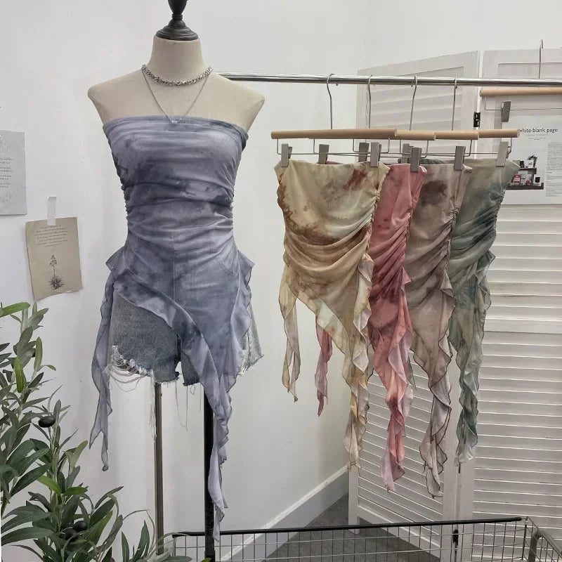 Tie Dye Summer Tops for Women Y2K Strapless Sleeveless Asymmetrical Ruffle Fishtail Ruched Stretch Mesh Vintage Clothes