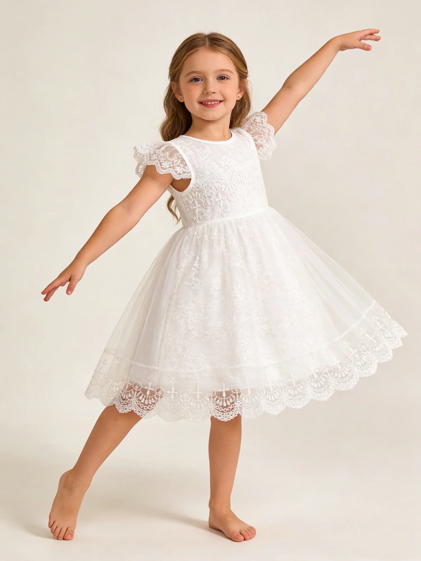 Summer Girls Sweet And Cute Flying Sleeves Solid Color Lace Princess Dress Fashionable Casual Dress