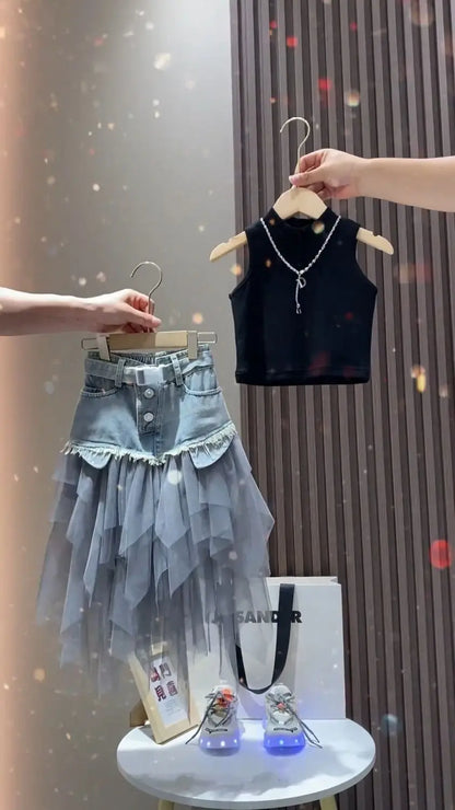 Girls' Summer New Set 2025 Korean Version Baby Girl Tank Top Mesh Splicing Cowboy Skirt Set kids jacket