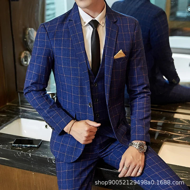 Men's Slim Fit Plaid Wedding Suit Jacket Korean Style Business Casual Single-breasted Suit with Set Wedding Groomsmen Wear