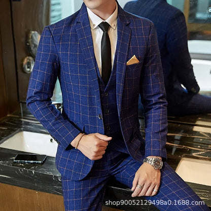 Men's Slim Fit Plaid Wedding Suit Jacket Korean Style Business Casual Single-breasted Suit with Set Wedding Groomsmen Wear