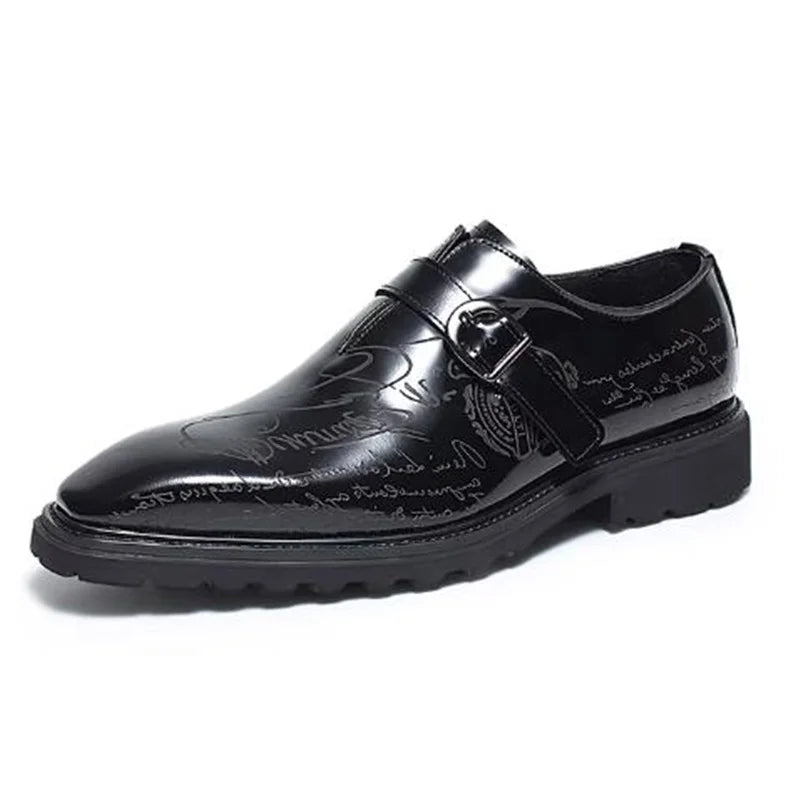 High-end Square-toe Slip-on Buckle Strap Leather Shoes Men Italian Formal Shoes Laser Engraved Letters Design Wedding Shoes Man