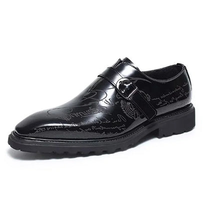 High-end Square-toe Slip-on Buckle Strap Leather Shoes Men Italian Formal Shoes Laser Engraved Letters Design Wedding Shoes Man