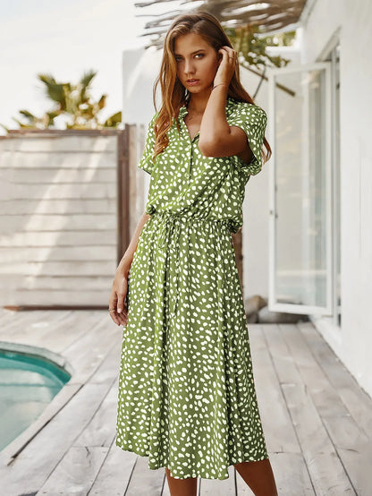 Vintage Floral Print Dress Women Boho Short Sleeve Long Dress Turn Down Collar Casual Waistband Shirt Dresses Robe 2021 Summer