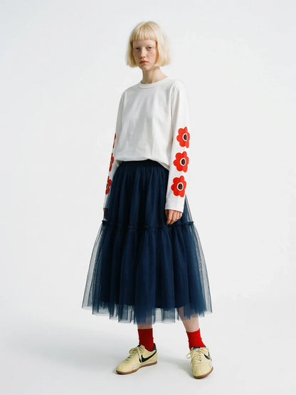 2026 Spring High Waist A-line Puff Half length Skirt Versatile Mid length Retro Blues Mesh Skirt 265398