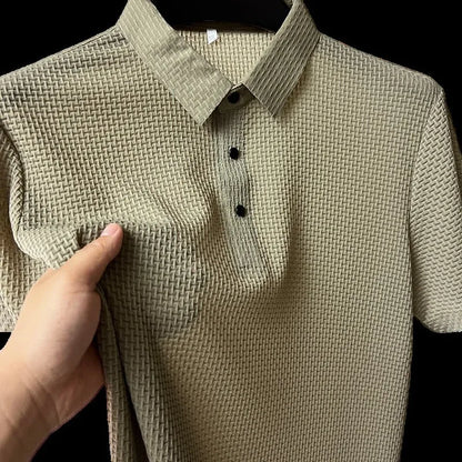 Summer New Men's Lop-up Hollow Short-sleeved Polo Tee Shirt Ice Silk Breathable Business Fashion T-Shirt Male Brand Clothes
