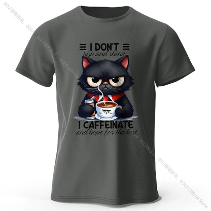 Coffee Loving Cat Print 100% Cotton T-Shirt, Soft & Breathable Round Neck Short Sleeve Tee, Unisex Fun & Quirky Style